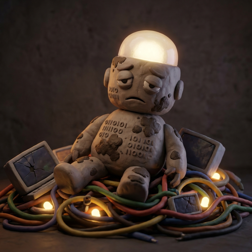 Overwhelmed AI intern covered in mud